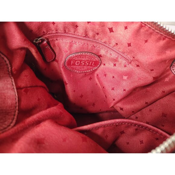 Vtg. Burgundy Red Leather Fossil Bucket Shoulder Bag Purse, Large Key, Zip Hobo - Picture 7 of 7